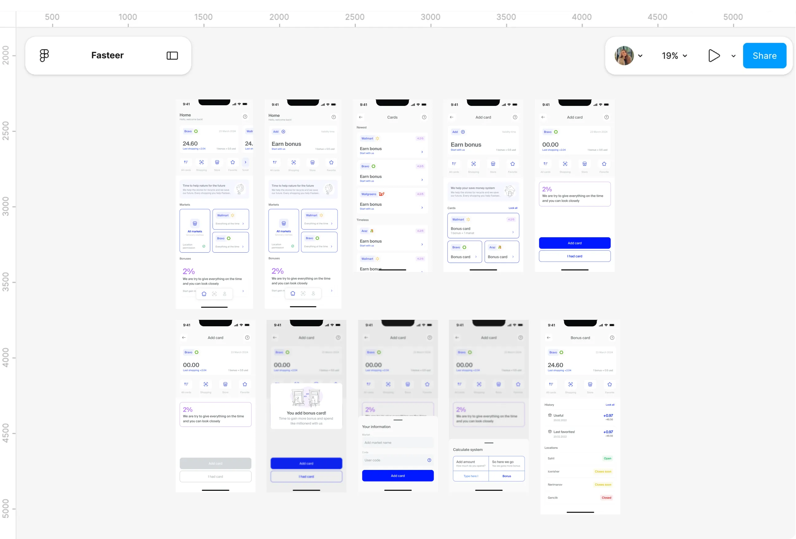 Design file screens for Bonus cards