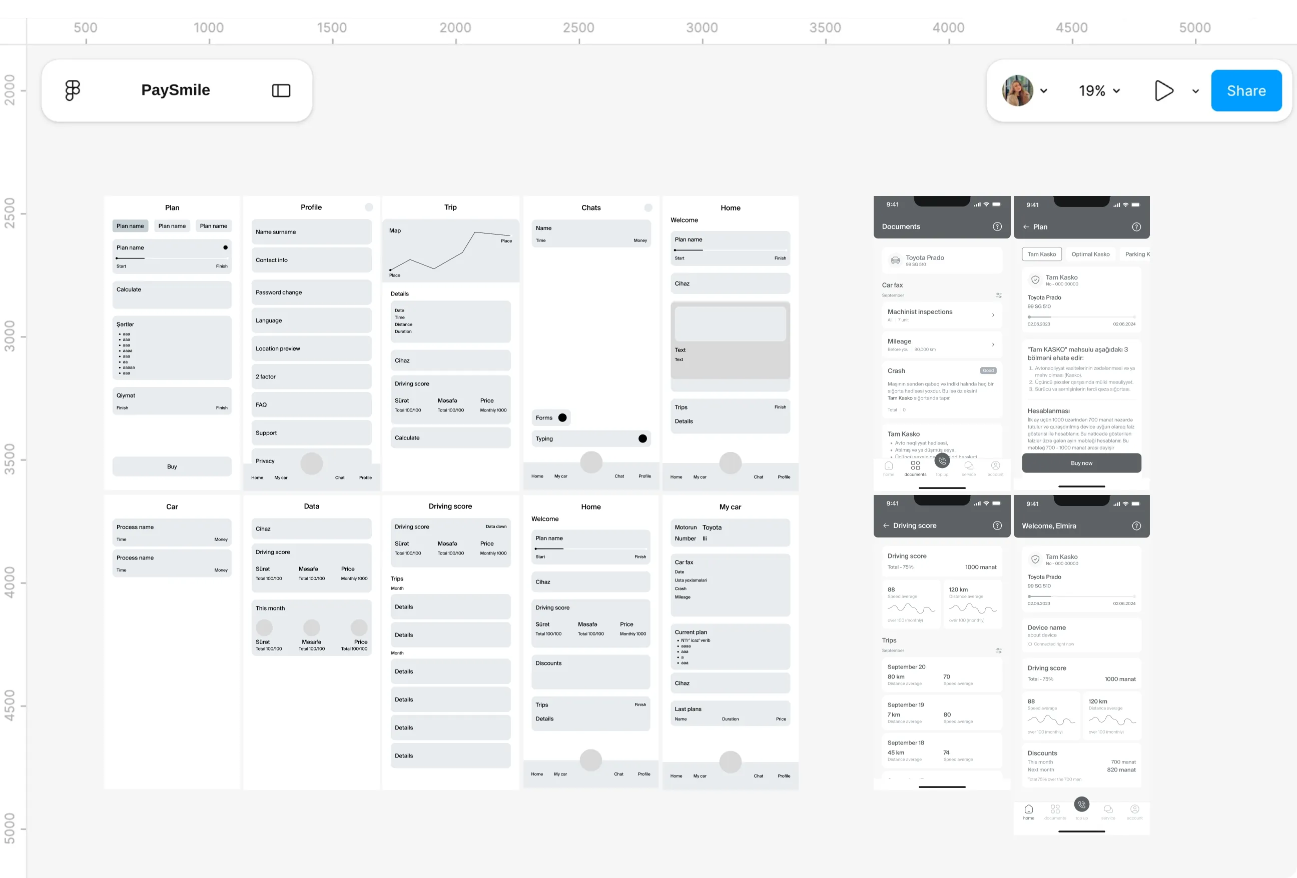 Design file screens for Wireframes
